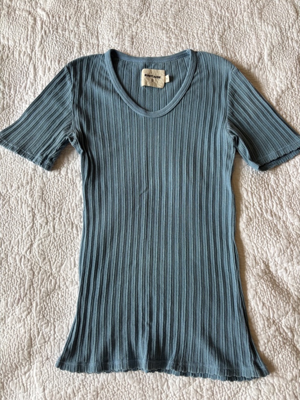 Rudy Jude 100% plant dyed organic cotton sky blue pointelle tee, S